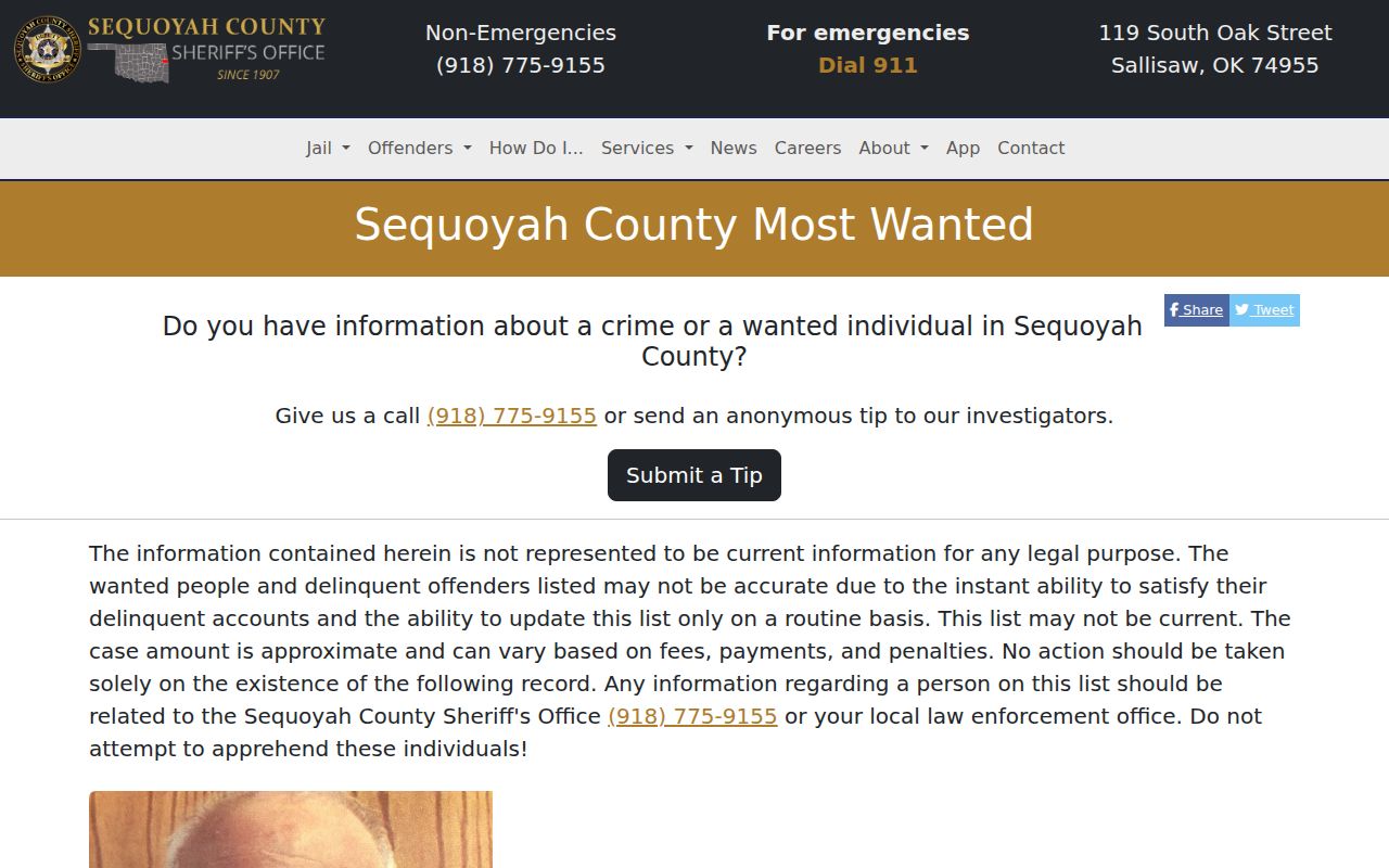 Sequoyah County Sheriff's Office official Most Wanted page